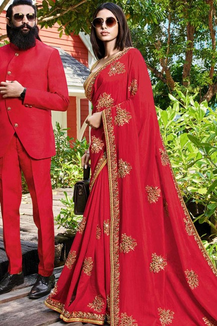 Designer Art Silk Embroidered Red Saree with Blouse