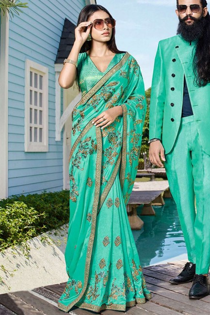 Embroidered Art Silk Saree in Sea Green with Blouse