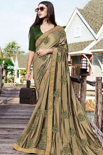 Art Silk Saree in Light Olive Green with Embroidered
