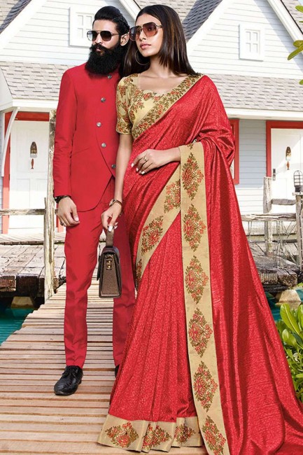Red Saree in Art Silk with Embroidered