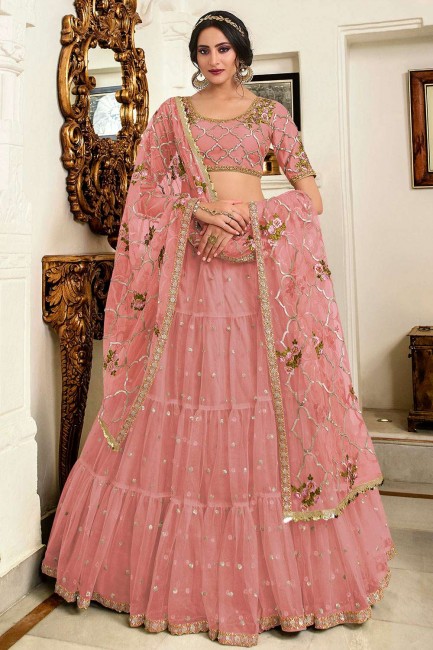 Pink Lehenga Choli in Embroidered Net