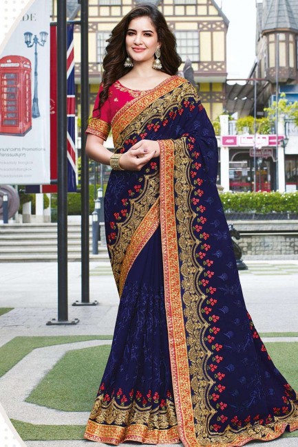 Navy Blue Georgette Saree with Embroidered