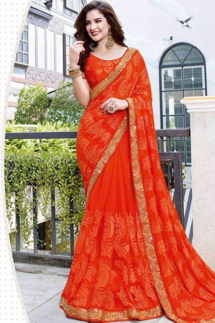 Georgette Saree in Orange with Embroidered