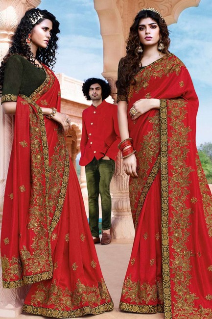 Red Saree in Embroidered Art Silk