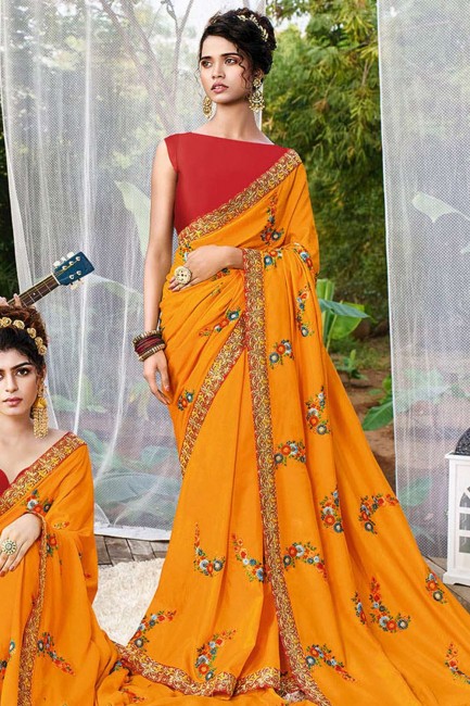 Saree in Mustard Yellow Art Silk with Embroidered