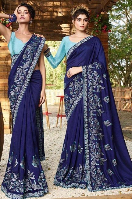 Art Silk Saree in Royal Blue with Embroidered