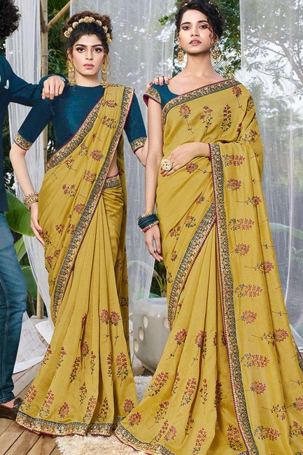Light Pear Green Art Silk Saree with Embroidered