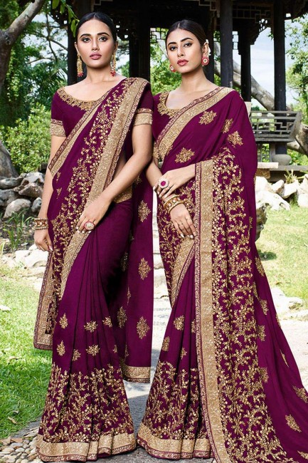 Art Silk Saree with Embroidered in Wine 