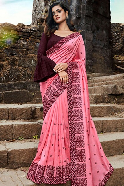 Traditional Silk Saree in Pink with Embroidered