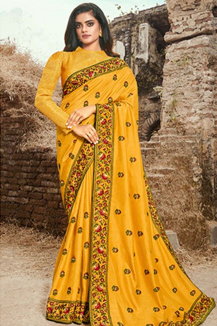 Ethinc Yellow Embroidered Art Silk Saree