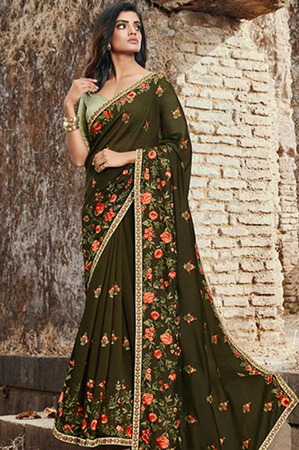 Dark Green Saree with Embroidered Silk