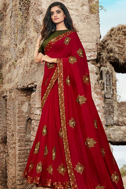 Red Embroidered Saree in Silk