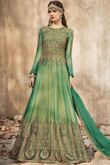 Net Churidar Anarkali Suits in Green Net