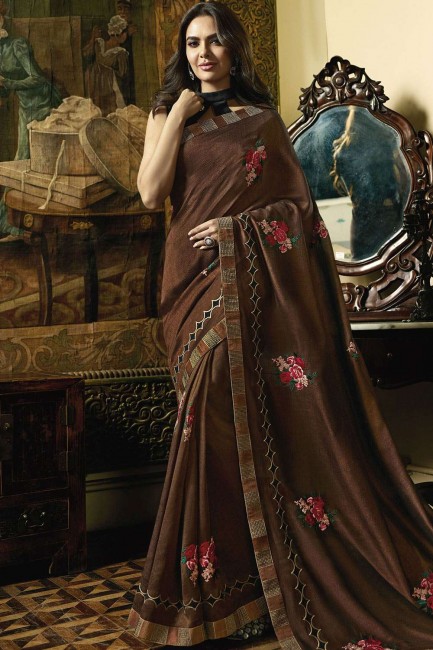 Opulent Brown Embroidered Silk Saree