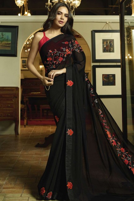 Embroidered Georgette Saree in Black with Blouse