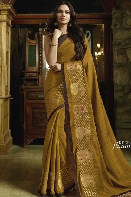 Mustard Yellow Silk Embroidered Saree with Blouse