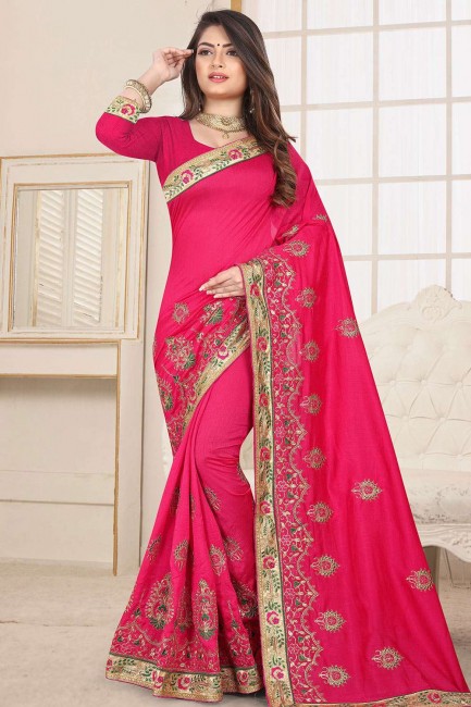 Saree in Rani Pink Art Silk with Embroidered