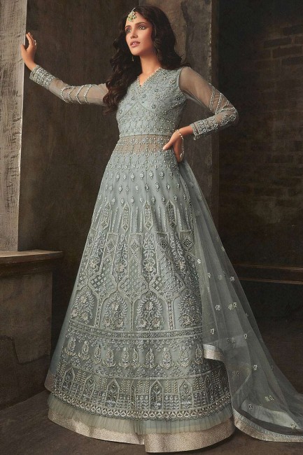 Net Anarkali Suits in Grey with dupatta
