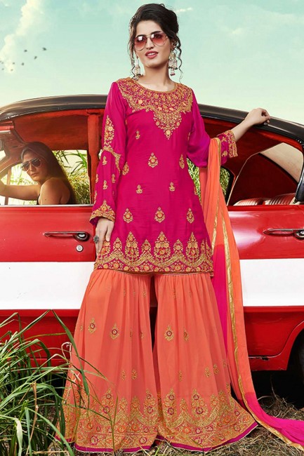 Satin Sharara Suits in Rani Pink Satin