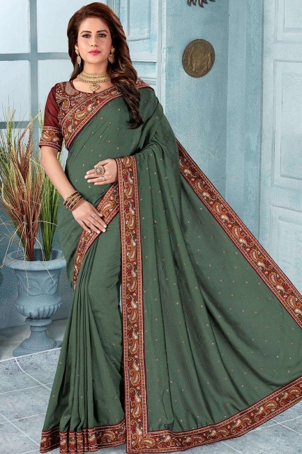 Saree in Teal Green Silk with Embroidered