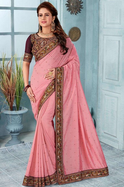 Latest Ethnic Pink Embroidered Silk Saree