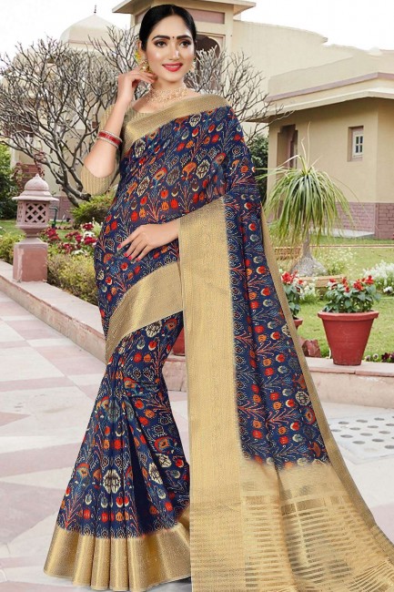 Navy Blue Printed Saree in Linen & Silk