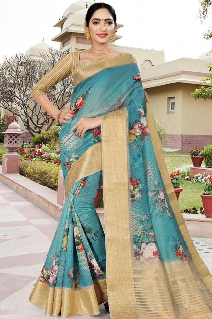 Linen & Silk Printed Blue Saree with Blouse