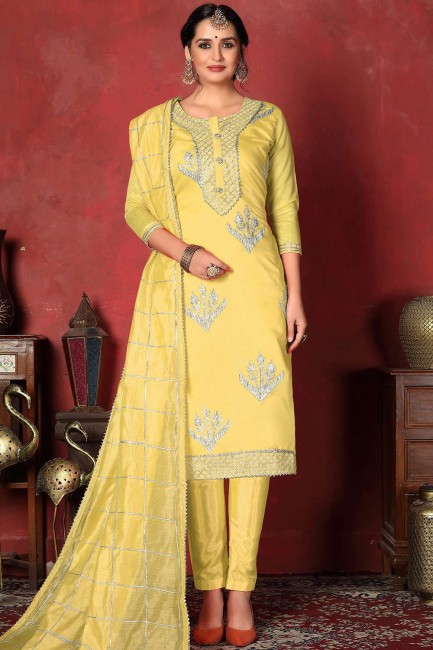 Cotton Straight Pant Suit in Yellow