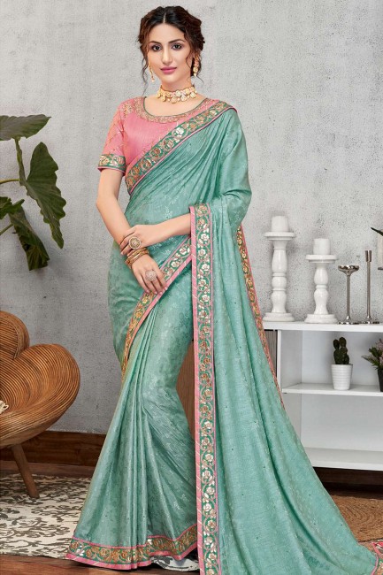 Jacquard & Silk Saree in Light Blue with Embroidered