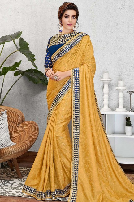 Mustard Yellow Saree in Jacquard & Silk with Embroidered