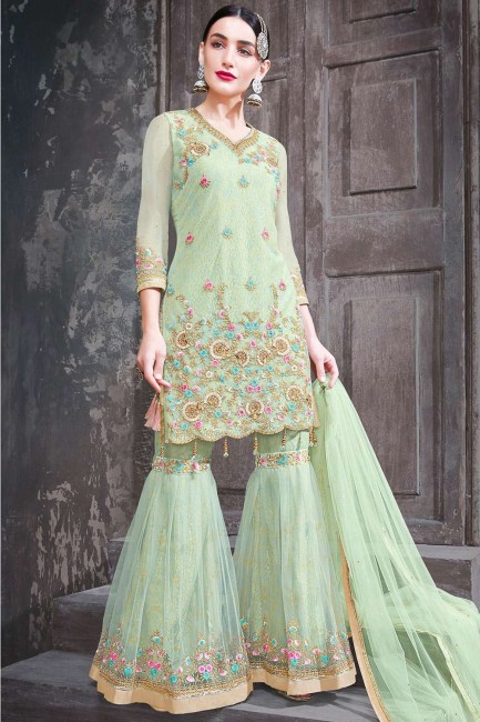 Pastel Green Net Sharara Suits with Net
