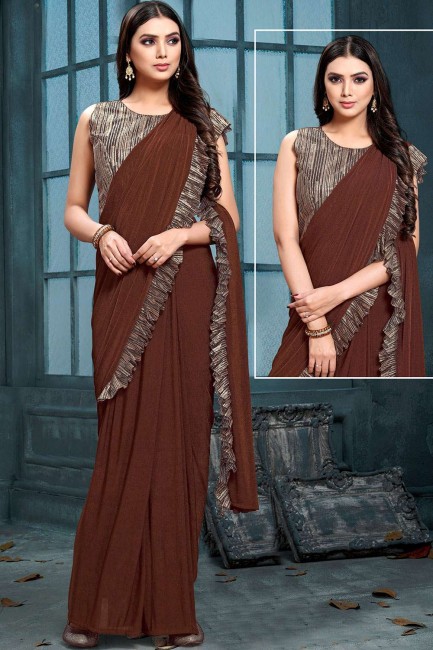 Net Saree with Embroidered in Brown