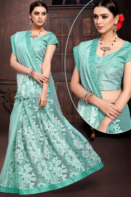 Aqua Blue Saree in Net with Embroidered