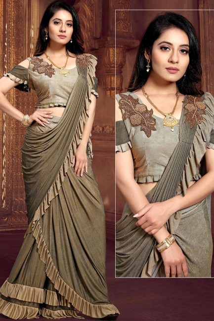 Net Olive Green Saree in Embroidered