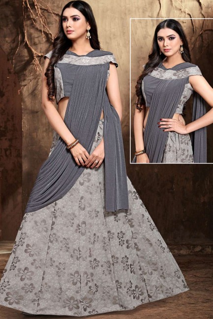 Embroidered Net Grey Saree Blouse