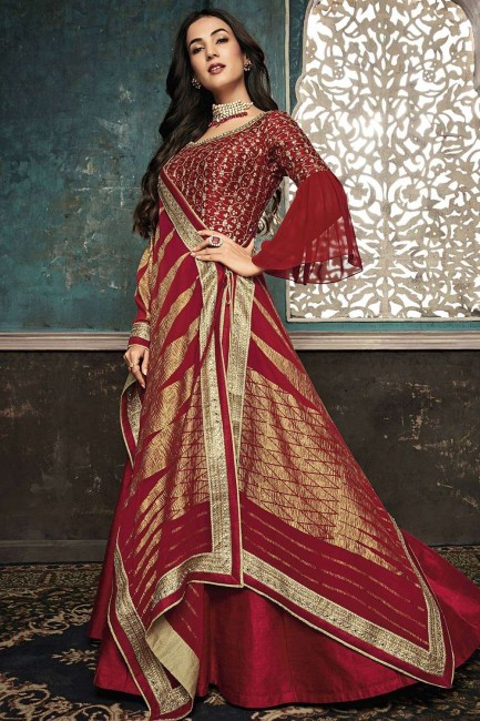 Anarkali Suits in Red Art Silk with Art Silk