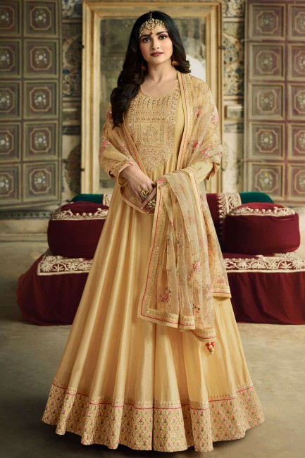 Light Yellow Silk Anarkali Suits in Silk