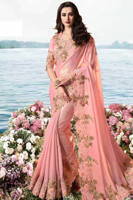 Pink Silk & Tissue Embroidered Saree with Blouse