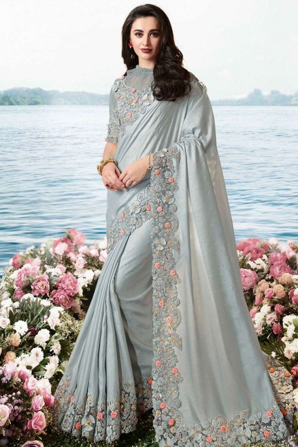 Light Grey Saree with Embroidered Silk & Tissue