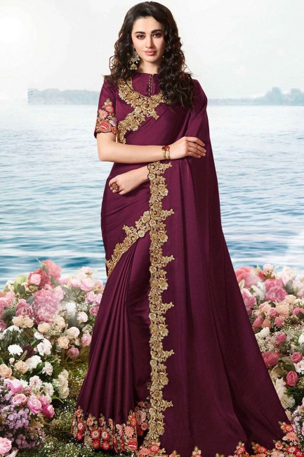 Satin & Silk Saree in Wine  with Embroidered
