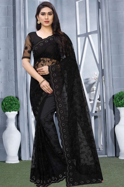 Black Saree in Net with Embroidered