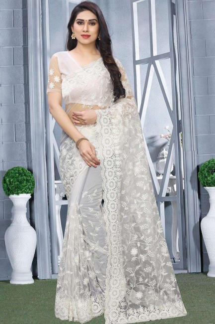 White Saree with Embroidered Net