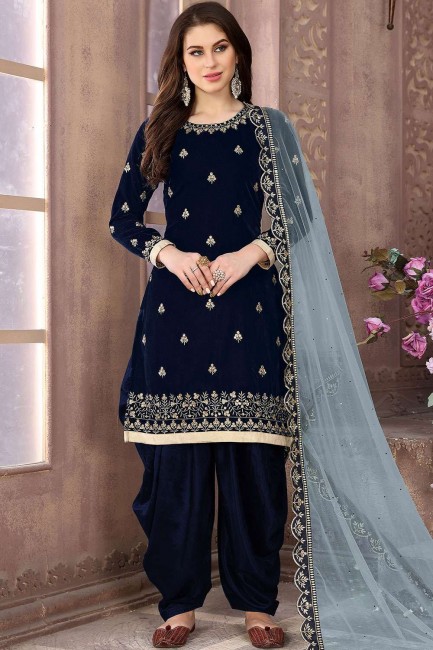 Velvet Patiala Suits in Navy Blue with dupatta