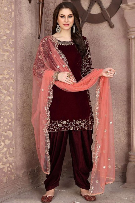 Maroon Patiala Suits with Velvet