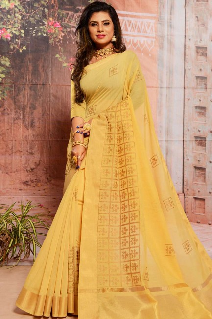 Yellow Saree in Cotton with Thread