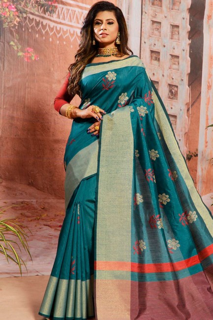 Saree in Teal Blue Cotton with Thread
