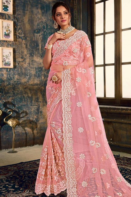 Ravishing Pink Net Saree with Embroidered