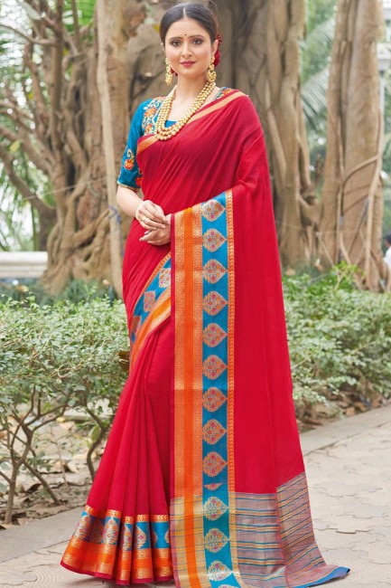Beautiful Red Saree with Embroidered Silk