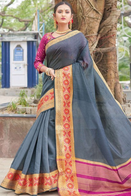 Grey Saree in Silk with Embroidered