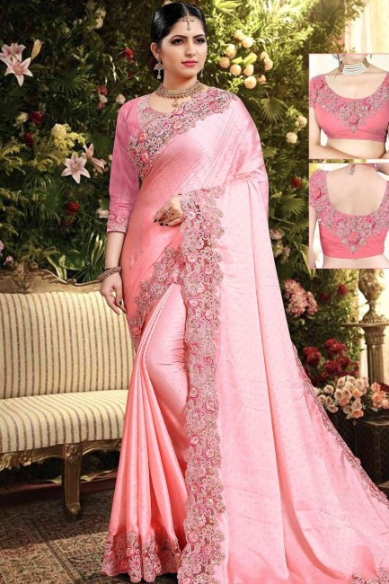 Pink Saree with Embroidered Georgette & Satin